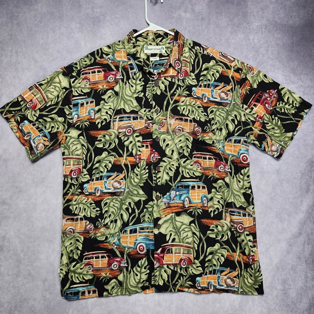 Robert Stock Mens Large Hawaiian Shirt Vintage Woody Car Tropical Monstera Black